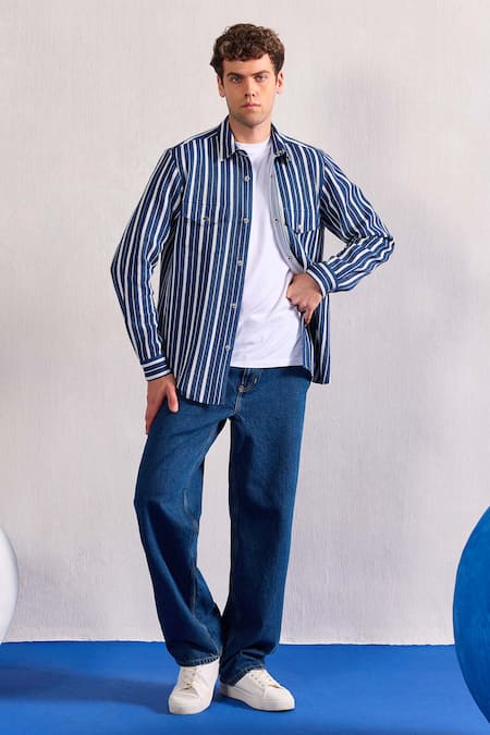 Zazu White Cotton Striped Woven Overshirt Online at Aza Fashions Zazu_White Cotton Striped Woven Overshirt _Online_at_Aza_Fashions