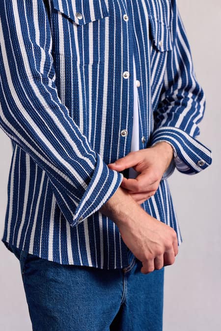 Shop Zazu White Cotton Striped Woven Overshirt Online at Aza Fashions Shop_Zazu_White Cotton Striped Woven Overshirt _Online_at_Aza_Fashions