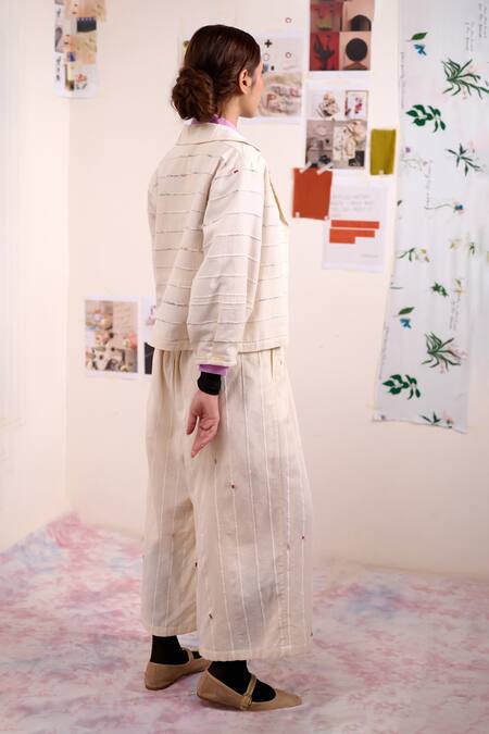 Doodlage_Beige Cotton Embroidery, Fabric Flowers Collared Soria Floral Shacket _Online_at_Aza_Fashions