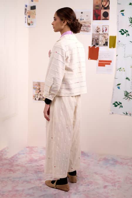 Doodlage_Beige Cotton Embroidery, Fabric Flowers Collared Soria Floral Shacket _at_Aza_Fashions