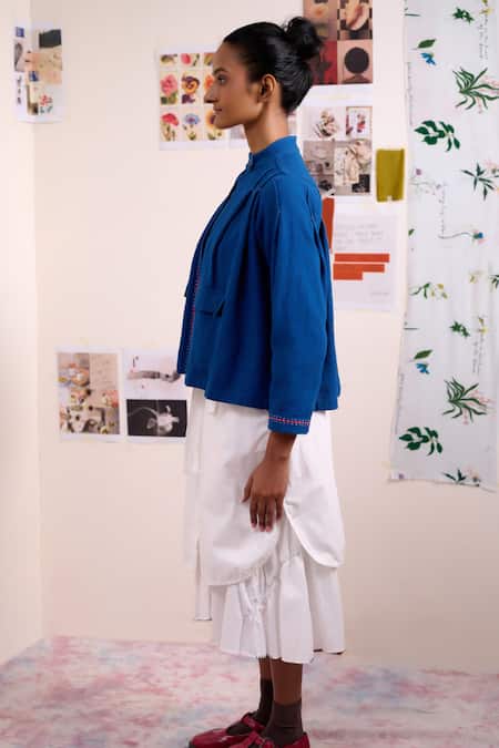 Doodlage_Blue Cotton Embroidery Mandarin Collar Varna Band Jacket _Online_at_Aza_Fashions