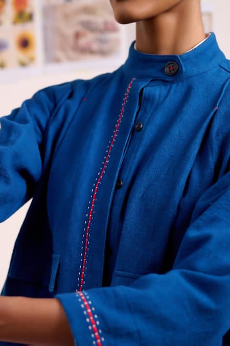 Buy_Doodlage_Blue Cotton Embroidery Mandarin Collar Varna Band Jacket _Online_at_Aza_Fashions