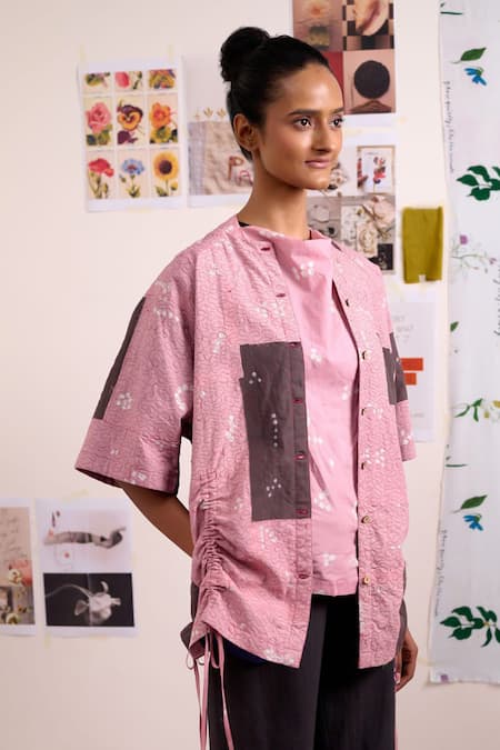 Doodlage_Pink Cotton Embroidery, Patchwork Round Neck Astra Bandhani Pattern Jacket _Online_at_Aza_Fashions