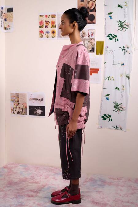 Shop_Doodlage_Pink Cotton Embroidery, Patchwork Round Neck Astra Bandhani Pattern Jacket _Online_at_Aza_Fashions