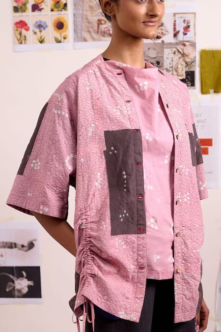 Doodlage_Pink Cotton Embroidery, Patchwork Round Neck Astra Bandhani Pattern Jacket _at_Aza_Fashions