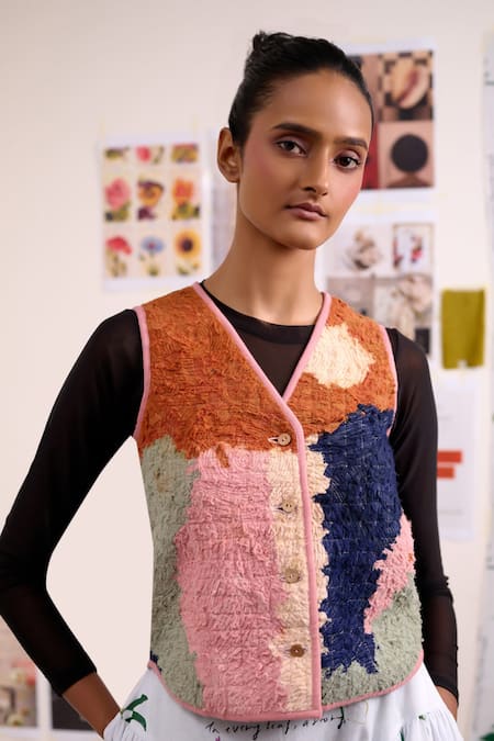 Doodlage_Multi Color Cotton V-neck Mirae Textured Jacket _Online_at_Aza_Fashions