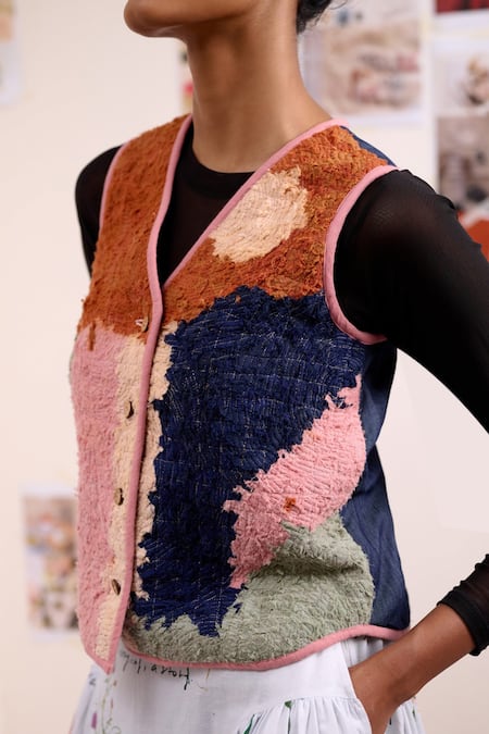 Buy_Doodlage_Multi Color Cotton V-neck Mirae Textured Jacket _Online_at_Aza_Fashions