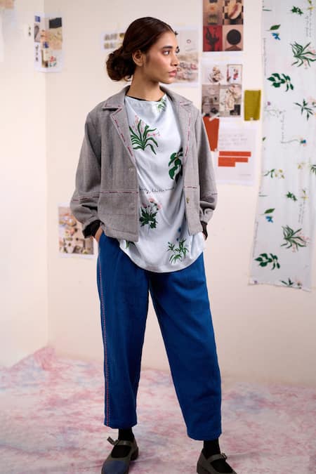 Doodlage_Grey Wool Embroidery Collared Ashen Jacket _Online_at_Aza_Fashions