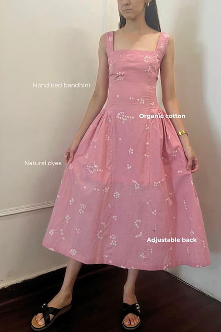 Doodlage_Pink Cotton Square Neck Kyren Bandhani Pattern Dress _Online_at_Aza_Fashions