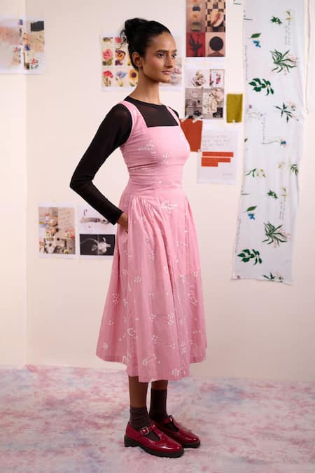 Buy_Doodlage_Pink Cotton Square Neck Kyren Bandhani Pattern Dress _Online_at_Aza_Fashions