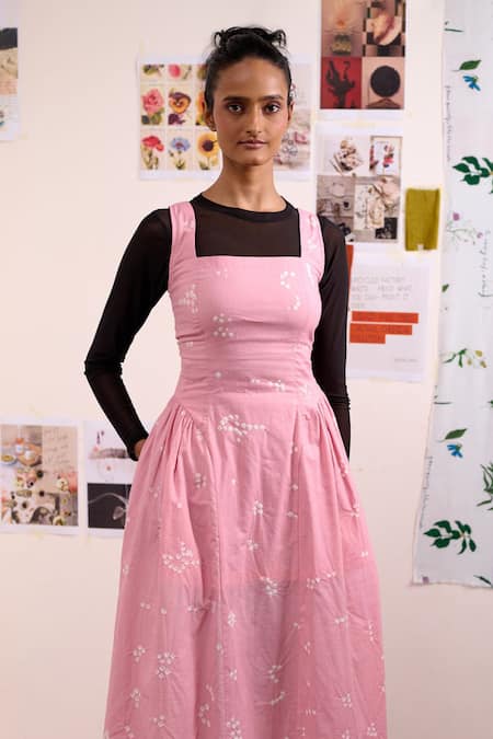 Shop_Doodlage_Pink Cotton Square Neck Kyren Bandhani Pattern Dress _Online_at_Aza_Fashions