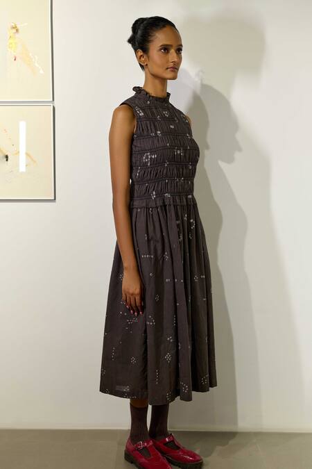 Buy_Doodlage_Grey Cotton High Neck Midsummer Smocked Dress _Online_at_Aza_Fashions