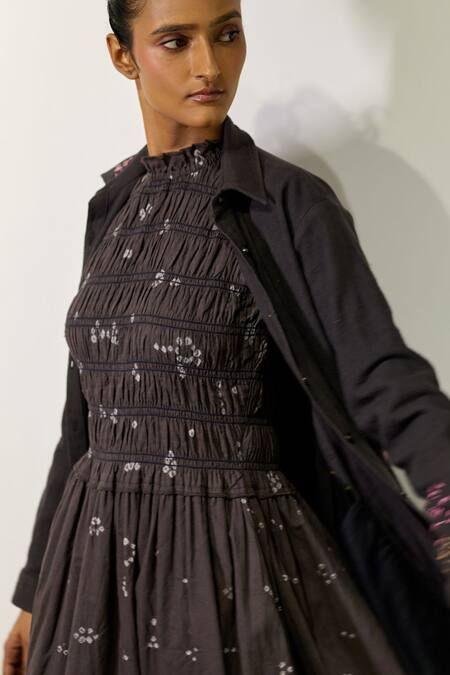 Shop_Doodlage_Grey Cotton High Neck Midsummer Smocked Dress _Online_at_Aza_Fashions