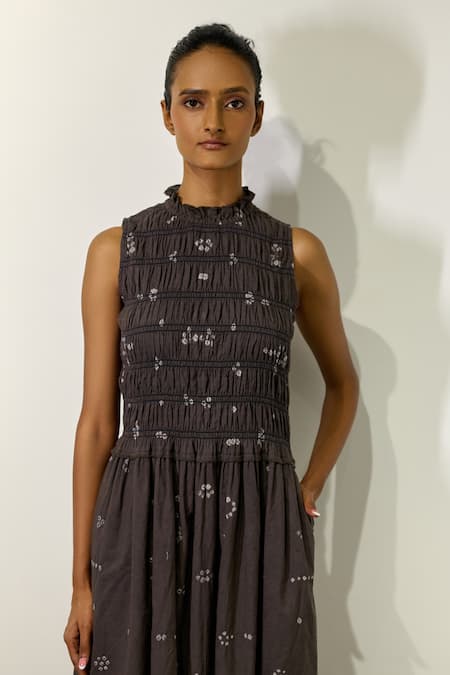 Doodlage_Grey Cotton High Neck Midsummer Smocked Dress _at_Aza_Fashions