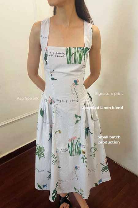 Buy_Doodlage_White Linen Square Neck Kyren Printed Dress _Online_at_Aza_Fashions