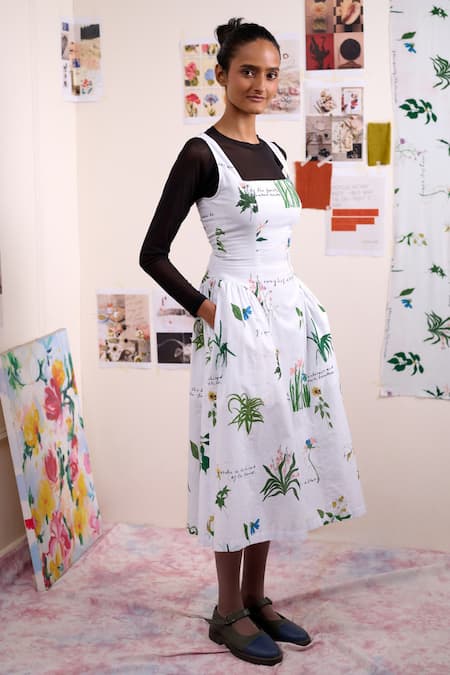 Shop_Doodlage_White Linen Square Neck Kyren Printed Dress _Online_at_Aza_Fashions