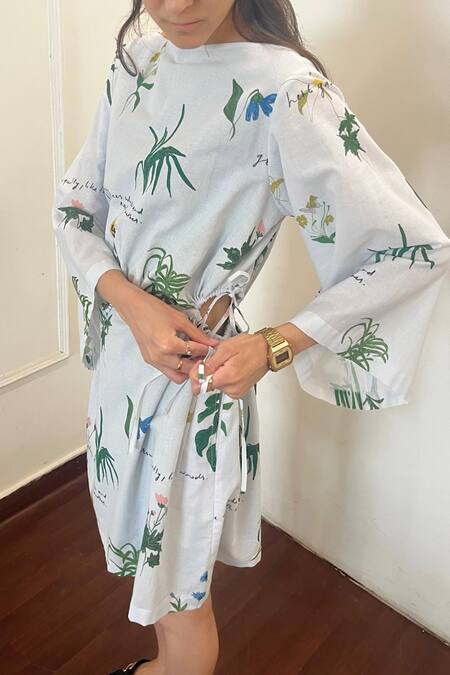Doodlage_Green Linen Boat Neck Aurielle Printed Dress _Online_at_Aza_Fashions