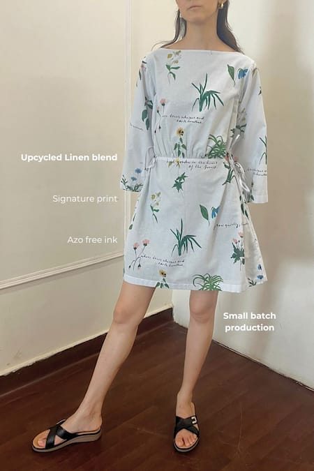 Shop_Doodlage_Green Linen Boat Neck Aurielle Printed Dress _Online_at_Aza_Fashions