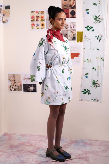 Doodlage_Green Linen Boat Neck Aurielle Printed Dress _at_Aza_Fashions