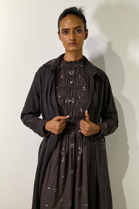 Shop_Doodlage_Grey Cotton Embroidery Collared, High Neck Cecile Dress _Online_at_Aza_Fashions