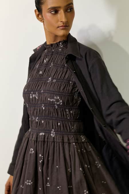 Doodlage_Grey Cotton Embroidery Collared, High Neck Cecile Dress _at_Aza_Fashions