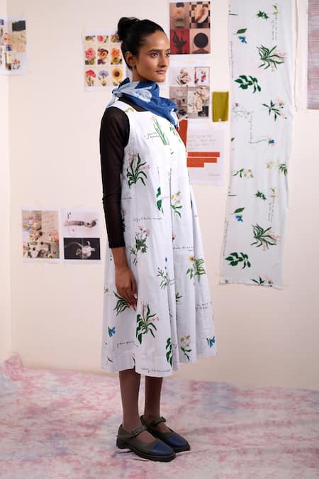 Shop_Doodlage_White Linen Square Neck Malaya Printed Dress _Online_at_Aza_Fashions