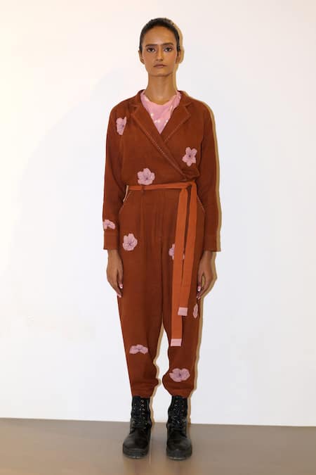 Buy_Doodlage_Brown Cotton Embroidery, Patchwork Collared Hearth Jumpsuit With Belt _Online_at_Aza_Fashions