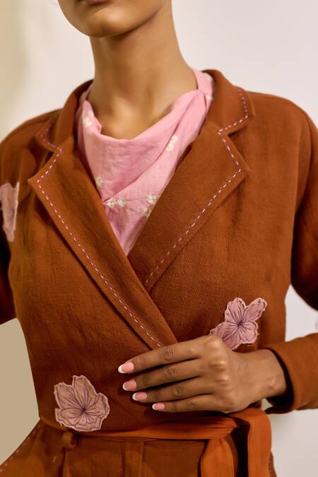 Shop_Doodlage_Brown Cotton Embroidery, Patchwork Collared Hearth Jumpsuit With Belt _Online_at_Aza_Fashions