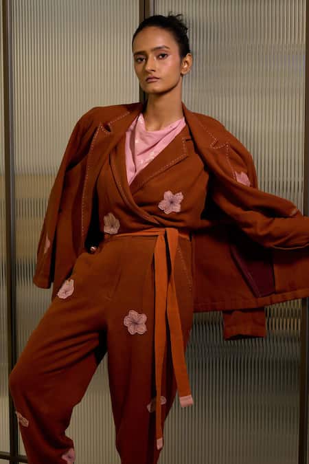 Doodlage_Brown Cotton Embroidery, Patchwork Collared Hearth Jumpsuit With Belt _at_Aza_Fashions