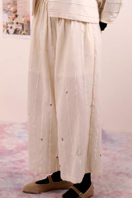Doodlage_Beige Cotton Embroidery, Patchwork Aurora Pant _Online_at_Aza_Fashions
