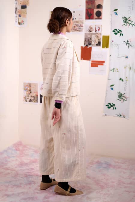 Shop_Doodlage_Beige Cotton Embroidery, Patchwork Aurora Pant _Online_at_Aza_Fashions