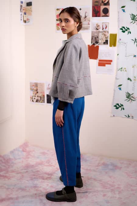 Doodlage_Blue Cotton Embroidery Straight Fit Pant _Online_at_Aza_Fashions