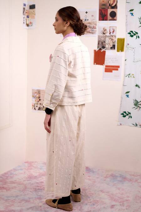 Shop Doodlage Beige Cotton Metallic Thread Collared Soria Tailored Jacket And Pant Set Online at Aza Fashions Shop_Doodlage_Beige Cotton Metallic Thread Collared Soria Tailored Jacket And Pant Set _Online_at_Aza_Fashions