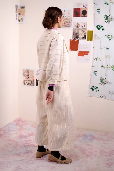 Doodlage Beige Cotton Metallic Thread Collared Soria Tailored Jacket And Pant Set at Aza Fashions Doodlage_Beige Cotton Metallic Thread Collared Soria Tailored Jacket And Pant Set _at_Aza_Fashions