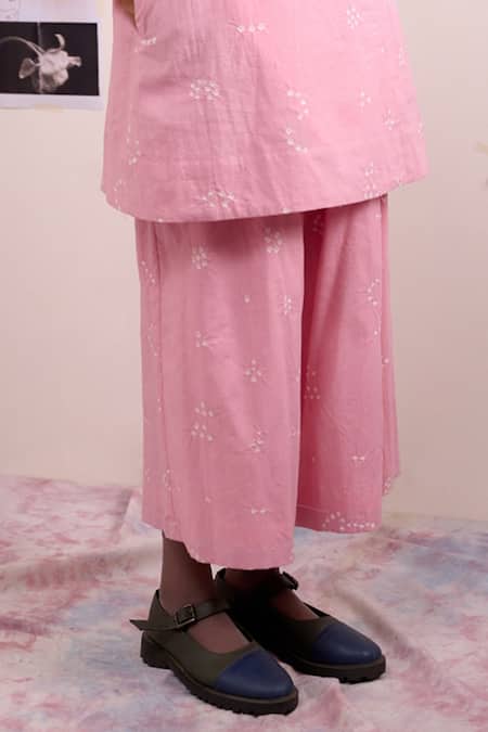 Doodlage_Pink Cotton Embroidery Boat Neck Brisa Organic Tunic And Pant Set _Online_at_Aza_Fashions