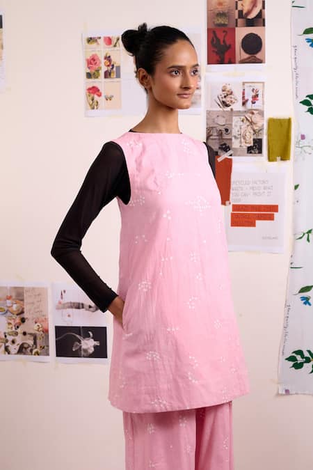 Shop_Doodlage_Pink Cotton Embroidery Boat Neck Brisa Organic Tunic And Pant Set _Online_at_Aza_Fashions