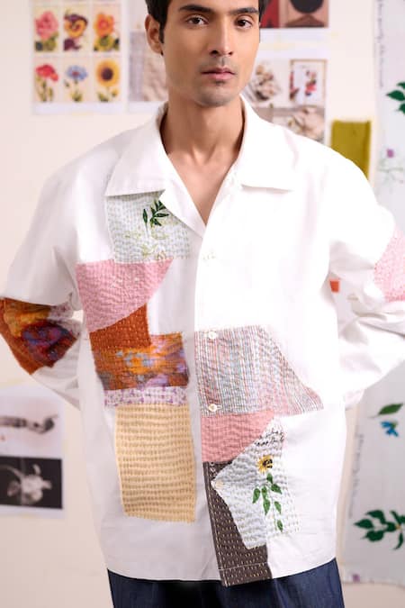 Shop_Doodlage_White Cotton Patchwork Novelle Shirt _Online_at_Aza_Fashions