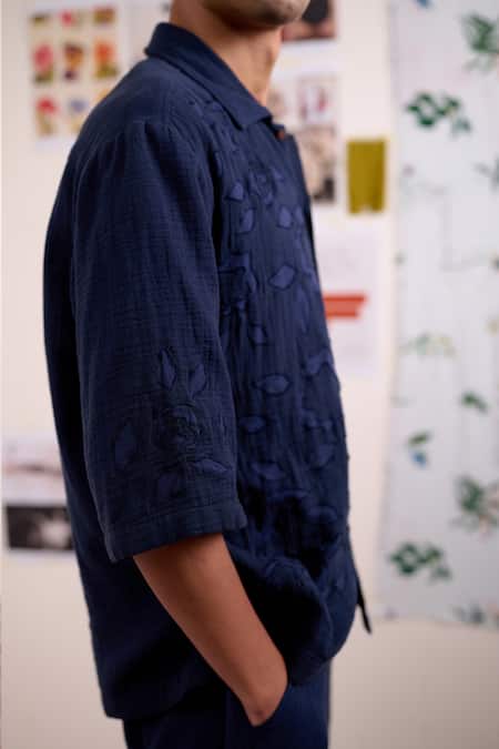 Buy Doodlage Blue Cotton Applique, Embroidery Florique Navy Shirt Online at Aza Fashions Buy_Doodlage_Blue Cotton Applique, Embroidery Florique Navy Shirt _Online_at_Aza_Fashions