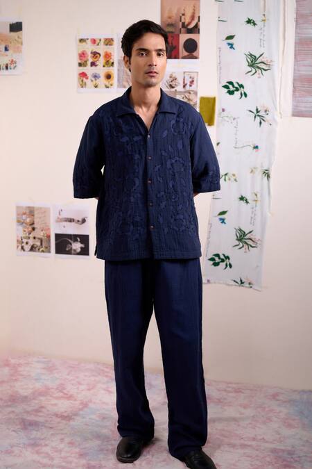 Shop Doodlage Blue Cotton Applique, Embroidery Florique Navy Shirt Online at Aza Fashions Shop_Doodlage_Blue Cotton Applique, Embroidery Florique Navy Shirt _Online_at_Aza_Fashions