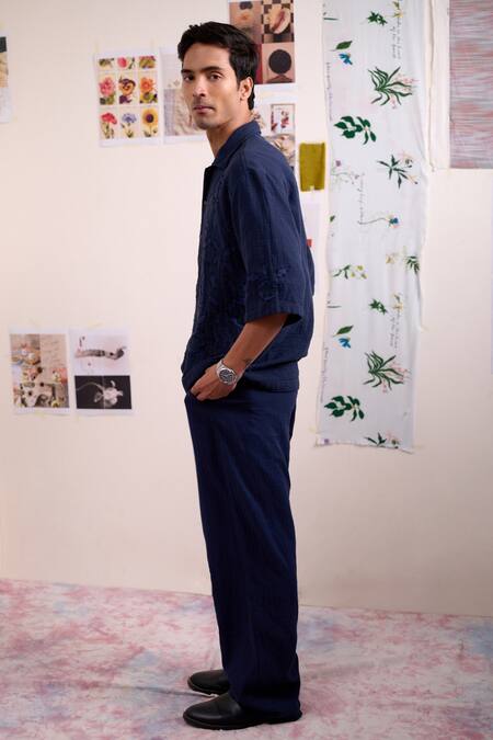 Doodlage Blue Cotton Applique, Embroidery Florique Navy Shirt at Aza Fashions Doodlage_Blue Cotton Applique, Embroidery Florique Navy Shirt _at_Aza_Fashions