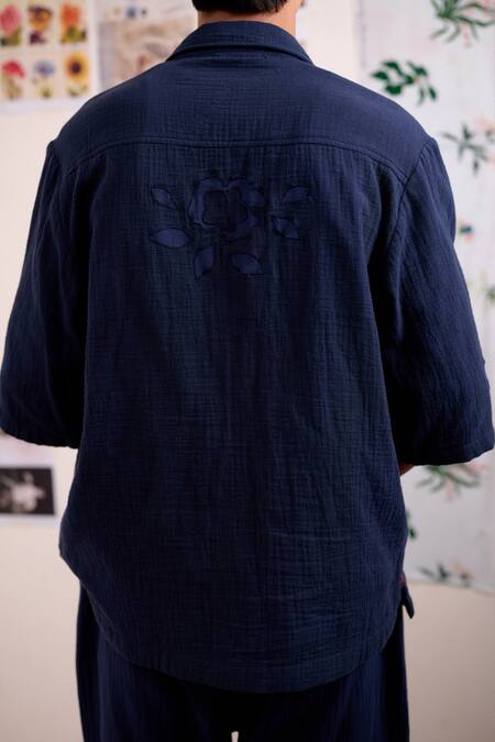 Buy Doodlage Blue Cotton Applique, Embroidery Florique Navy Shirt Buy_Doodlage_Blue Cotton Applique, Embroidery Florique Navy Shirt