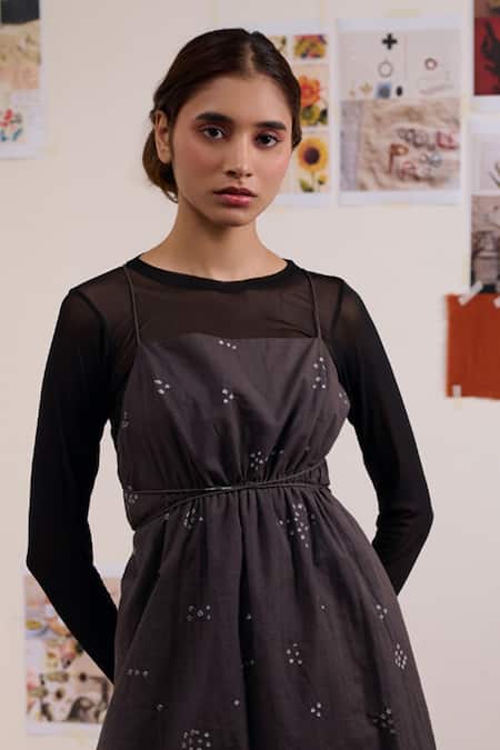 Doodlage_Grey Cotton Square Neck Nina Bandhani Pattern Tunic _Online_at_Aza_Fashions