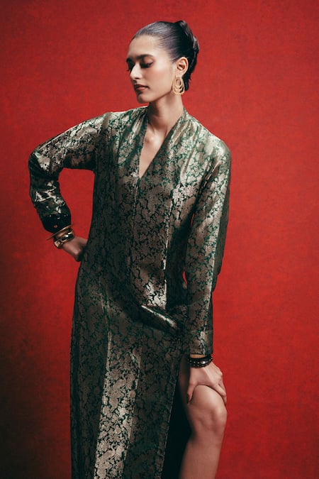 Ekaya Banaras_Olive Green Silk Zari V-neck Banarasi Emboss Handwoven Kaftan _Online_at_Aza_Fashions