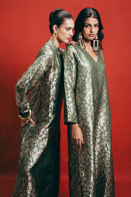 Buy_Ekaya Banaras_Olive Green Silk Zari V-neck Banarasi Emboss Handwoven Kaftan _Online_at_Aza_Fashions