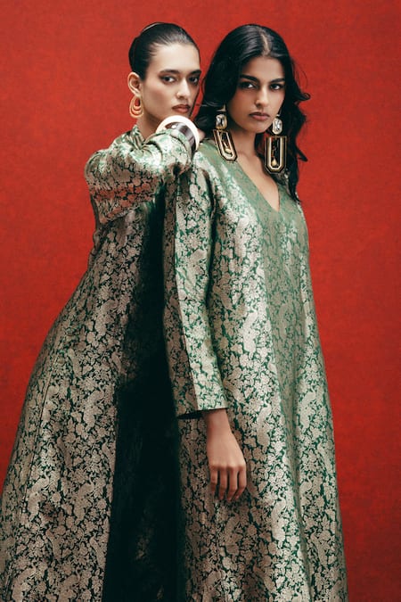 Ekaya Banaras_Olive Green Silk Zari V-neck Banarasi Emboss Handwoven Kaftan _at_Aza_Fashions