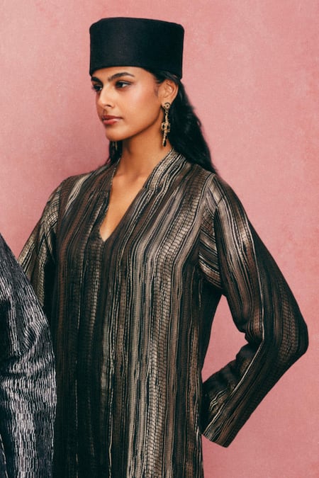 Ekaya Banaras_Black Silk V-neck Banarasi Emboss Handwoven Kaftan _Online_at_Aza_Fashions