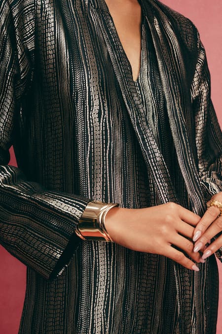 Ekaya Banaras_Black Silk V-neck Banarasi Emboss Handwoven Kaftan _at_Aza_Fashions