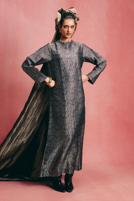 Buy_Ekaya Banaras_Black Silk Round Neck Handwoven Banarasi Emboss Kaftan _Online_at_Aza_Fashions