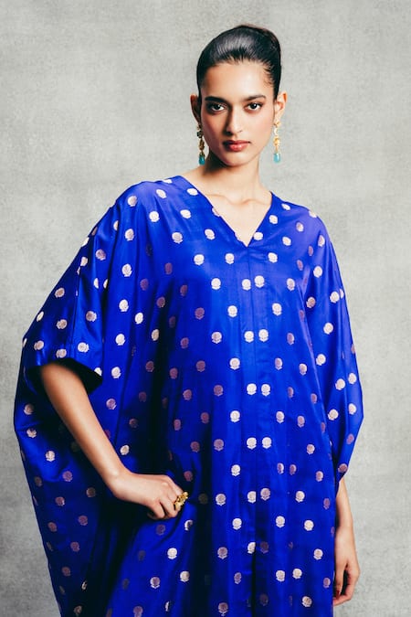Ekaya Banaras_Blue Satin Metallic Thread V-neck Banarasi Polka Dot Pattern Kaftan _Online_at_Aza_Fashions