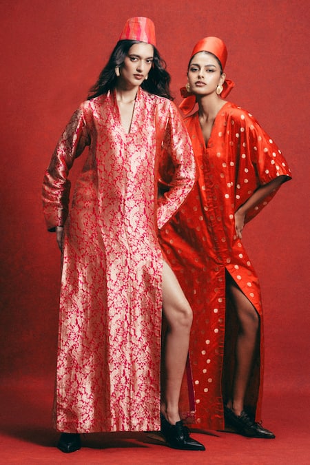 Shop_Ekaya Banaras_Red Satin Zari V-neck Handwoven Cutwork Banarasi Kaftan _Online_at_Aza_Fashions